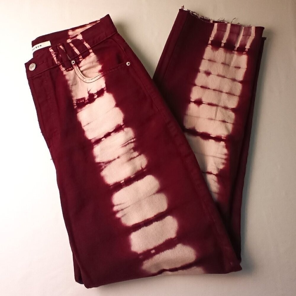 PacSun Womens High Rise Straight Jeans Burgundy Tie Dye Bleach Size 24/2 Raw Hem